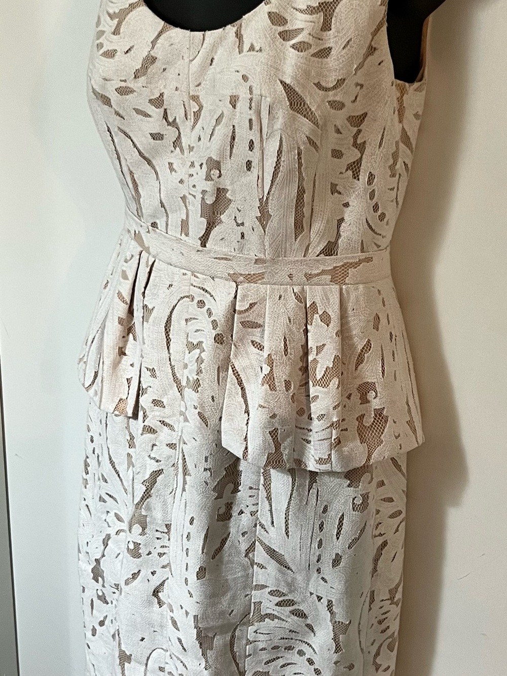 BCBGMaxAzria Beige Lace Peplum Sheath Dress